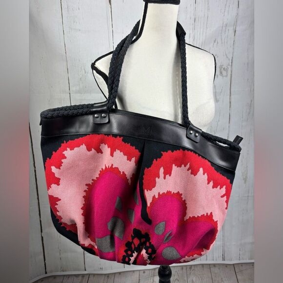 Missoni Large Canvas Tote Bag Multi Colored Abstract Floral Leather Trim - Picture 1 of 16